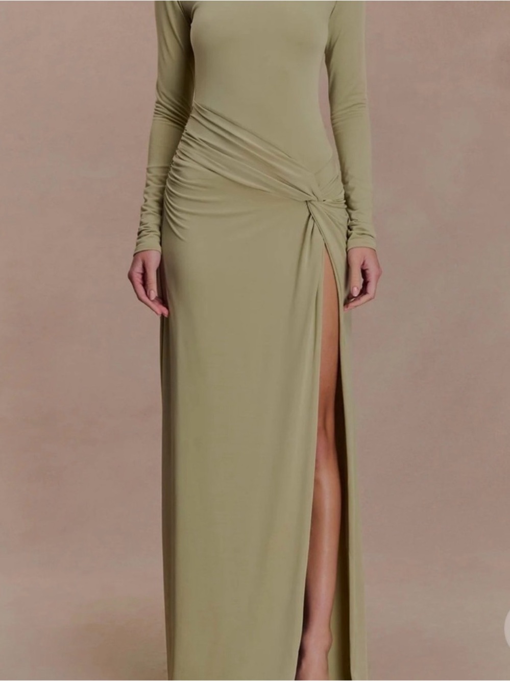 Meshki size S Long Sleeve Ruched Side-Slit Maxi Dress in Olive